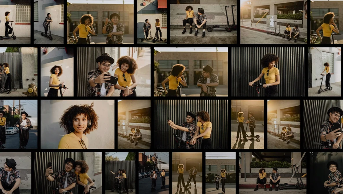 Contact sheet displaying multiple portraits and candid shots of people in yellow and dark clothing across various indoor and outdoor locations.