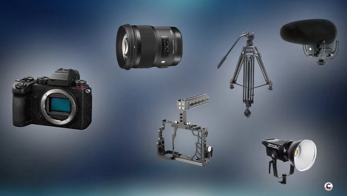 Professional video production equipment displayed against a blue gradient background.