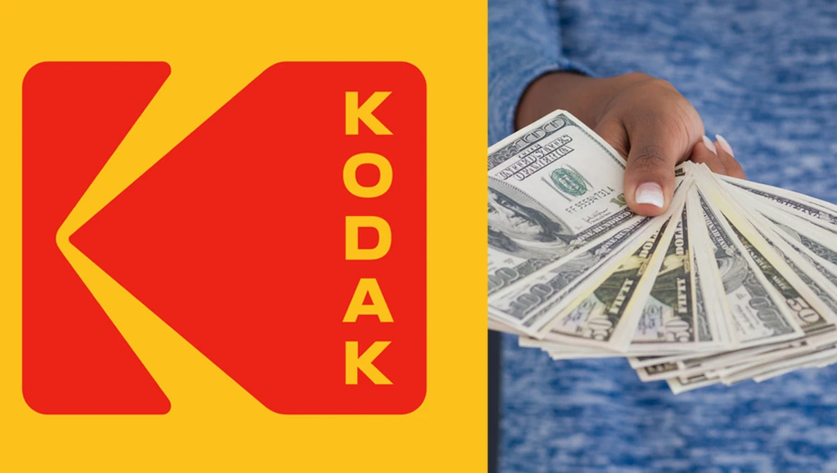 Kodak logo next to photograph of hands holding fanned U.S. dollar bills.