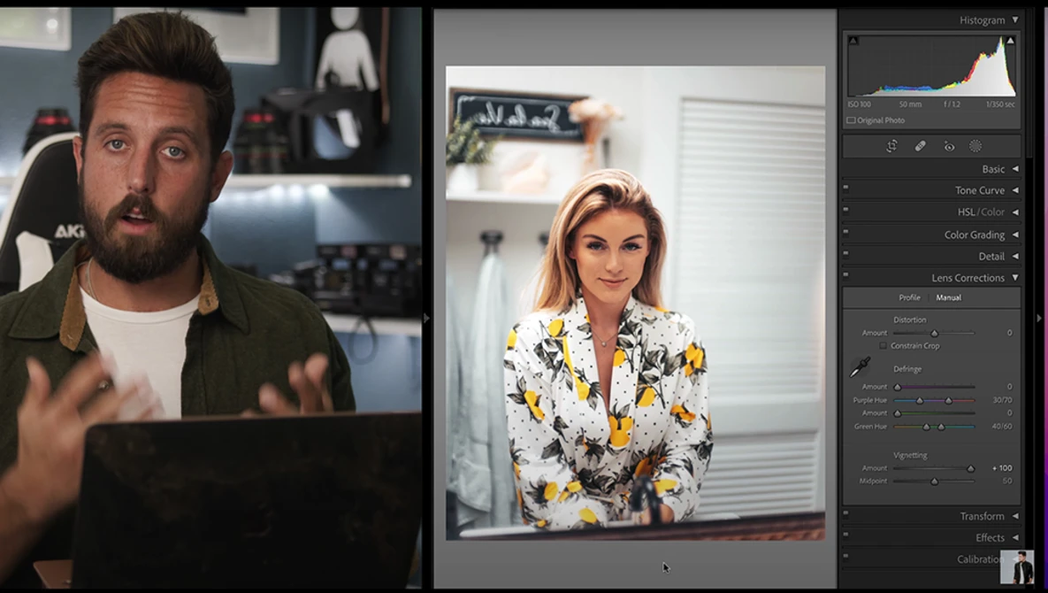 Screenshot of portrait editing workflow showing before and after of woman in floral blazer with histogram and adjustment panels visible.