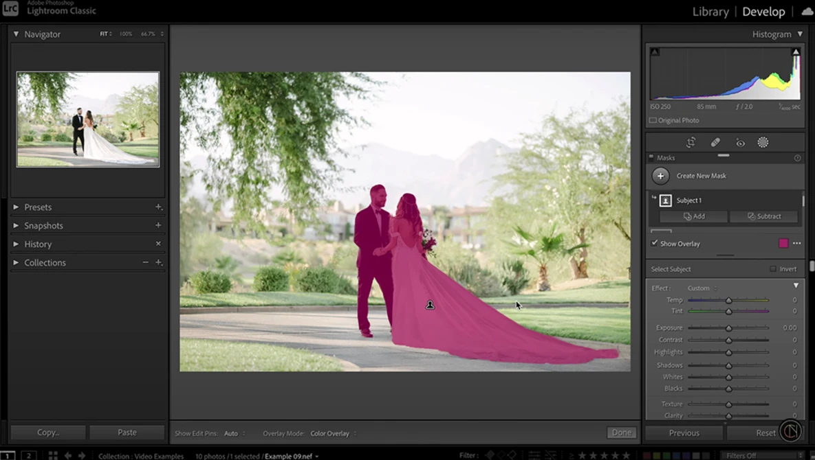 Screenshot of Lightroom Classic showing a wedding photo with magenta color grading applied.