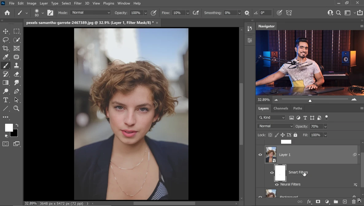 Screenshot of Photoshop showing portrait editing workflow with layered compositing.