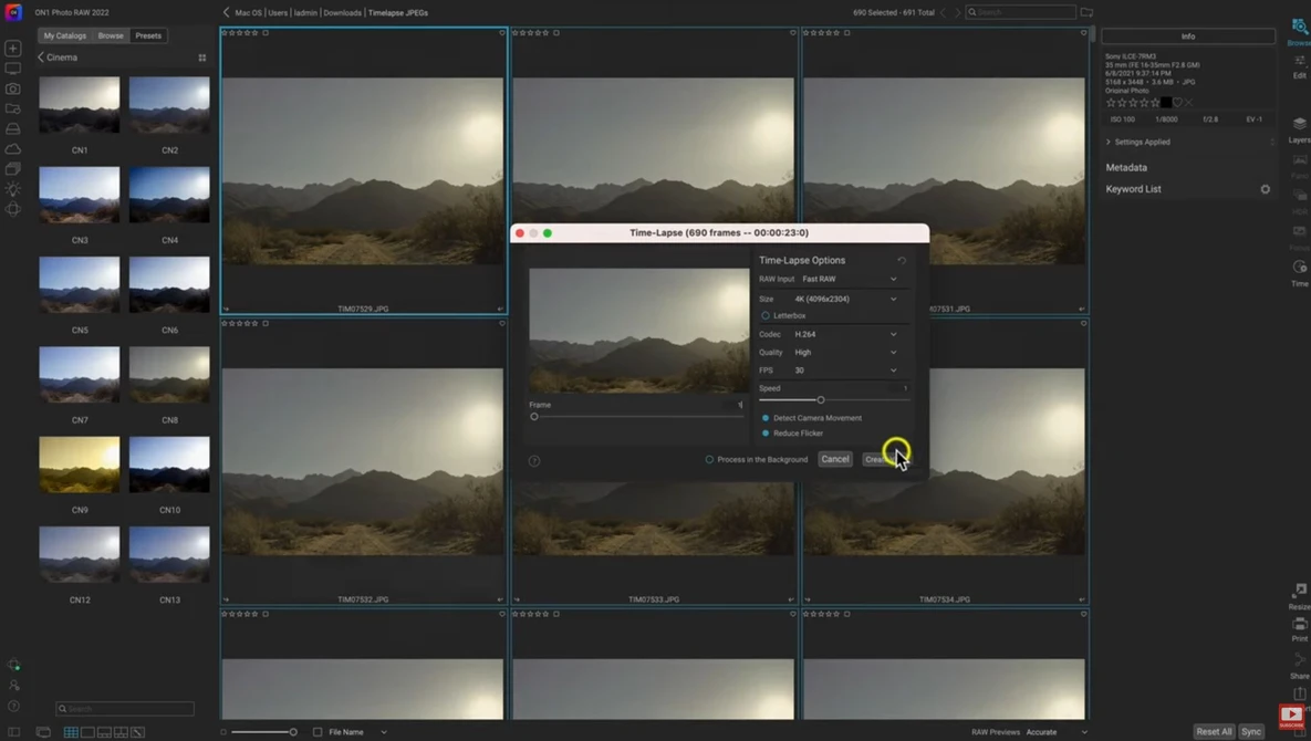 Screenshot of photo editing software showing multiple landscape images in a grid layout with editing panels.