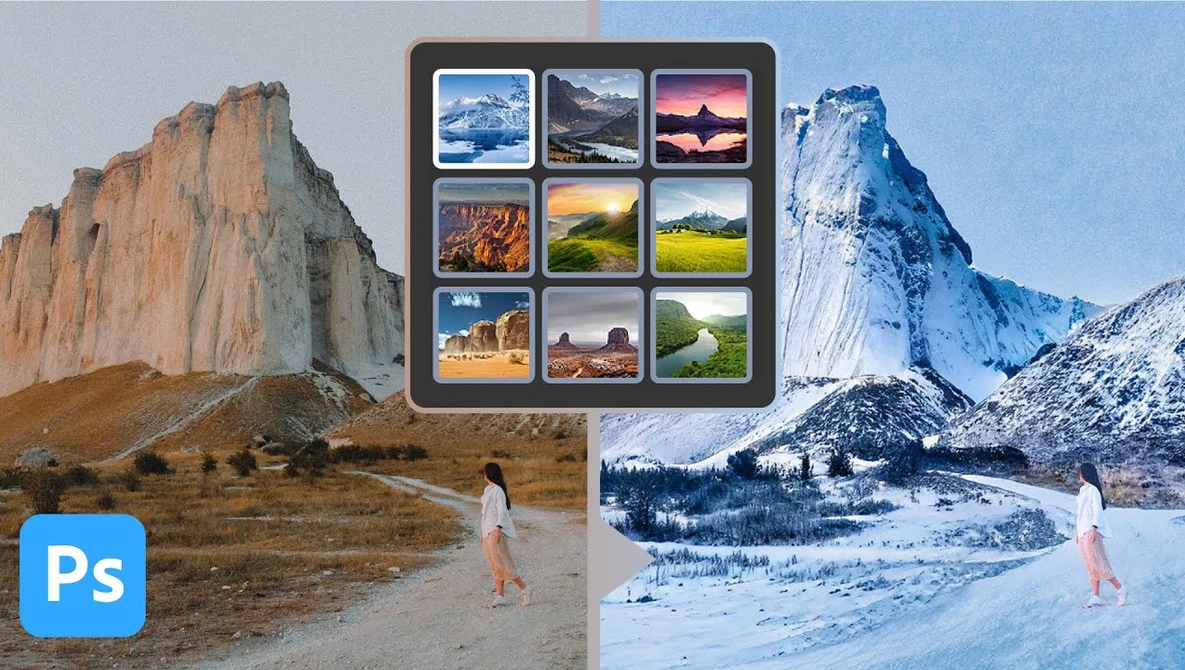 Screenshot showing before-and-after Photoshop editing comparison with a grid of sample images and a female subject in different landscape settings.