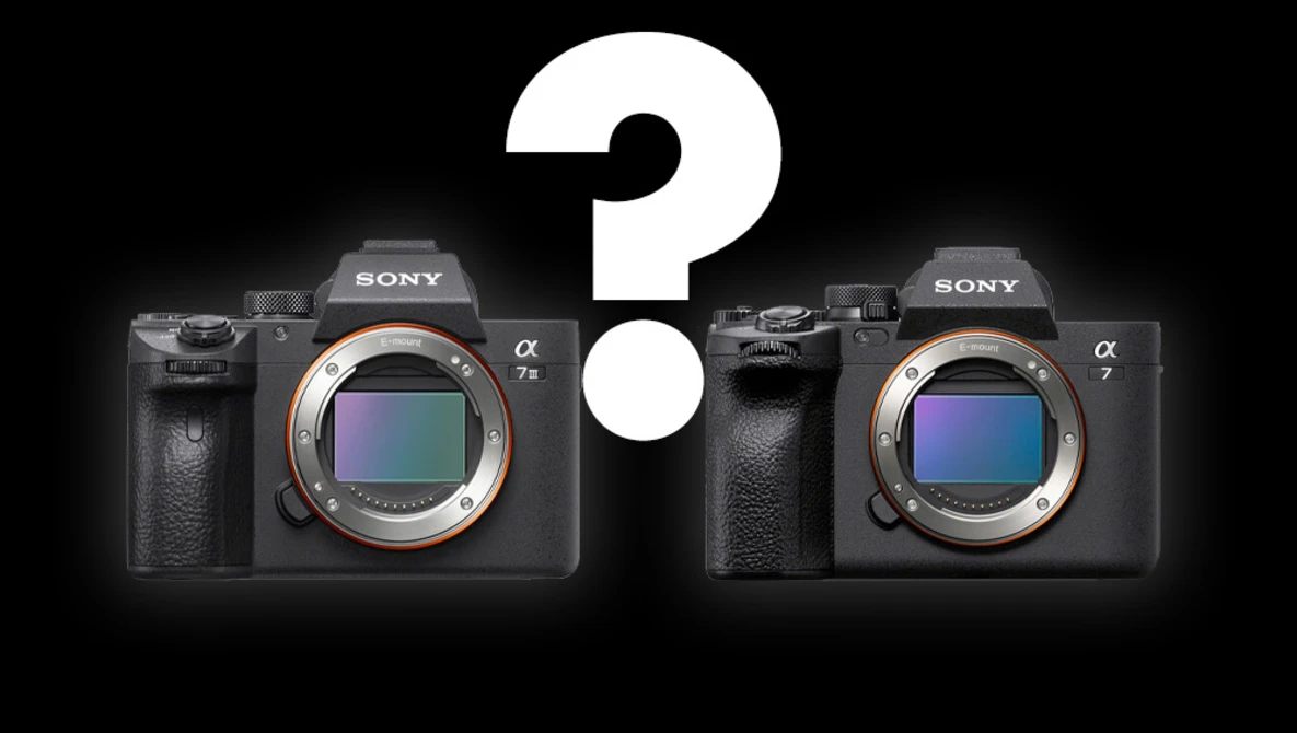 Comparison graphic of two Sony Alpha mirrorless camera bodies with a large question mark between them.