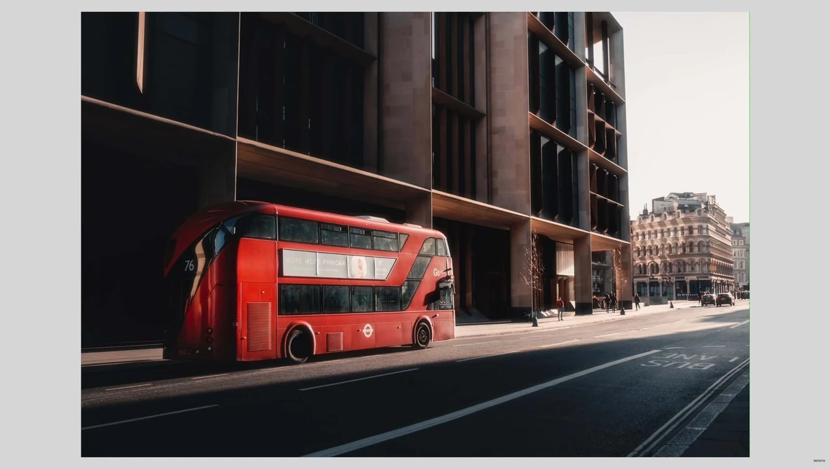 Red double-decker bus parked against a dark modern building facade on an urban street.