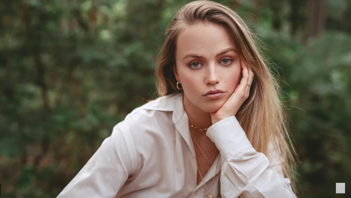 Woman with long blonde hair wearing white shirt, resting chin on hand against blurred green foliage background.
