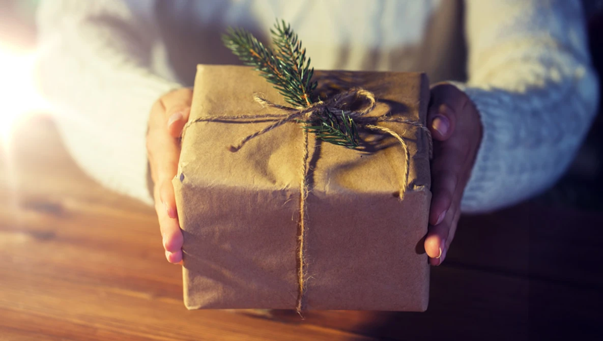 Hands holding a kraft paper wrapped gift box tied with twine and evergreen sprigs in warm sunlight.