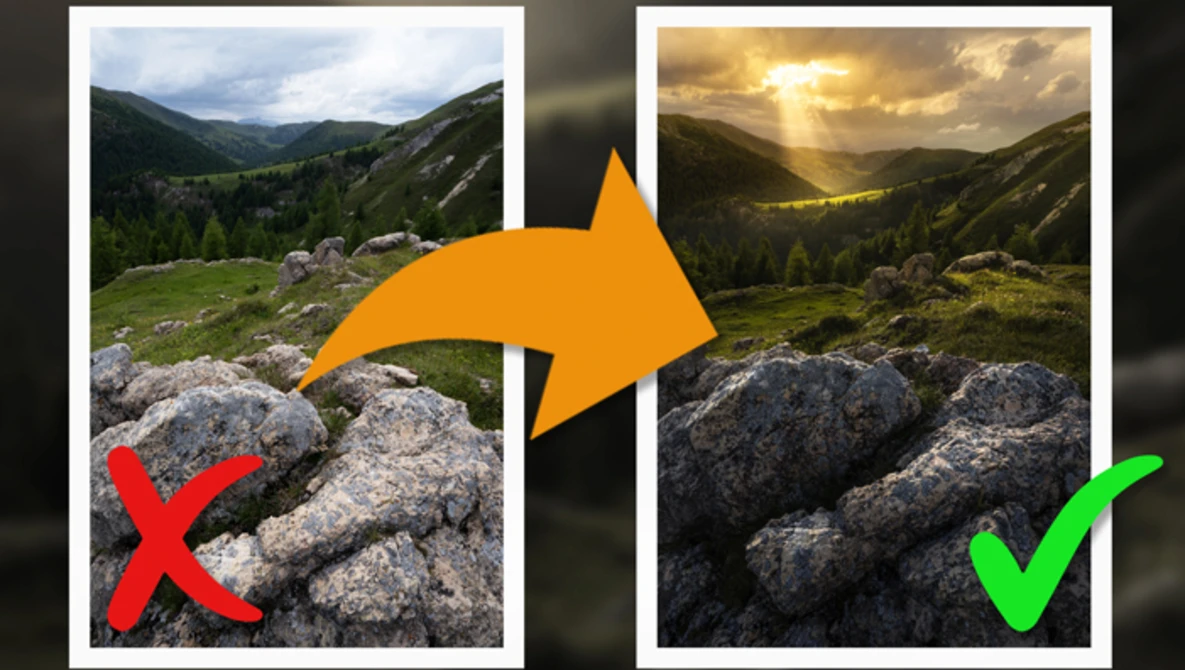 Before and after comparison of a mountain valley landscape showing enhanced lighting and color grading techniques.