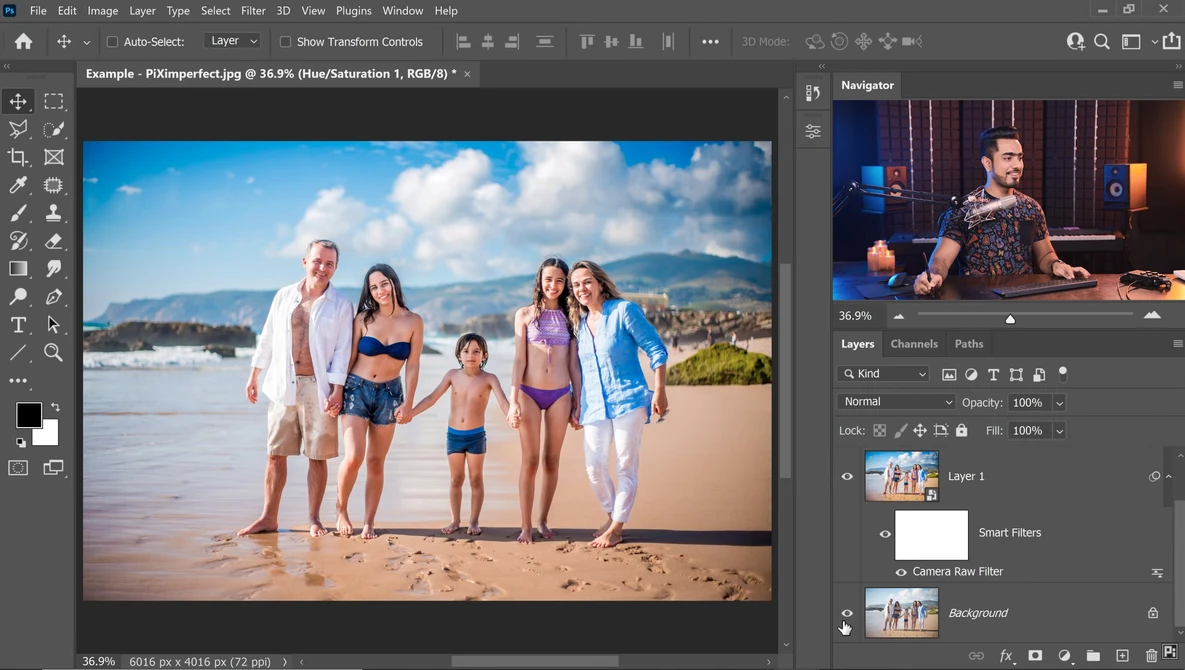 Screenshot of photo editing software showing a beach family portrait with editing layers and color correction tools visible.
