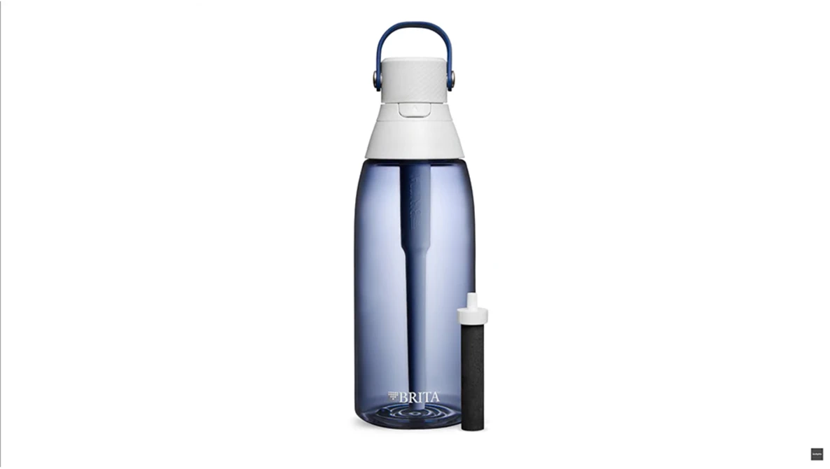 Brita water bottle with built-in filter cartridge displayed against white background.