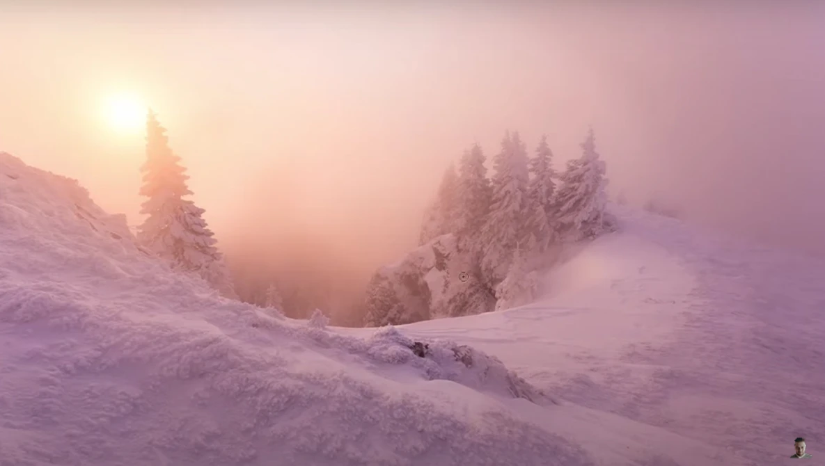 Snow-covered evergreen trees in mountainous terrain at sunrise, with golden light breaking through mist.