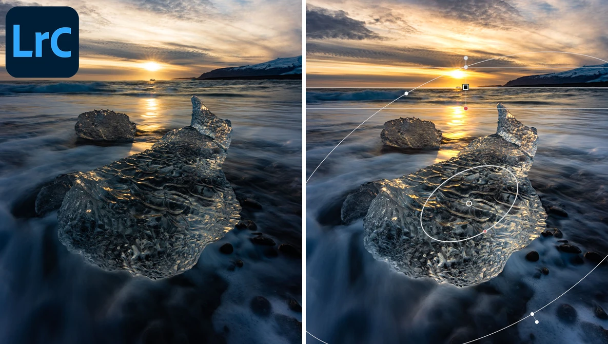 Before and after comparison showing luminosity mask selection on coastal rocks during golden hour sunset.
