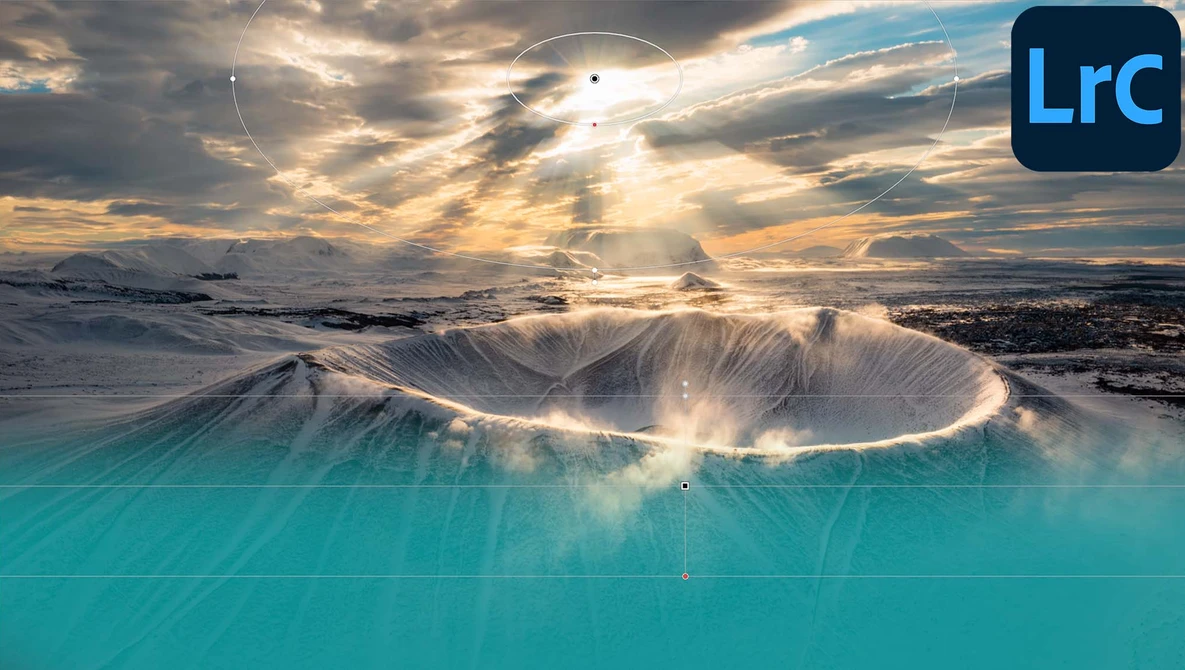 Snow-covered volcanic crater with turquoise geothermal water and dramatic crepuscular rays breaking through storm clouds.