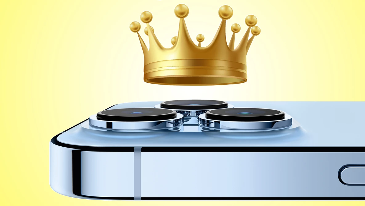Illustration of a smartphone camera module with a golden crown floating above it against a yellow and blue background.