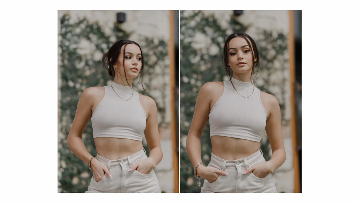 Before and after portrait comparison showing editing adjustments to skin tone and facial features.
