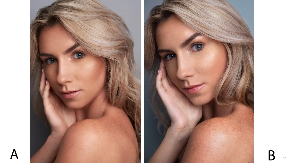 Side-by-side portrait comparison showing different lighting setups on a woman with blonde wavy hair.