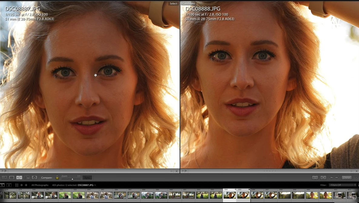 Screenshot of photo editing software showing before and after comparison of portrait retouching.