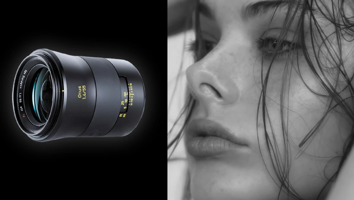 Black telephoto lens with blue glass elements shown against a close-up black and white portrait of a woman's face.