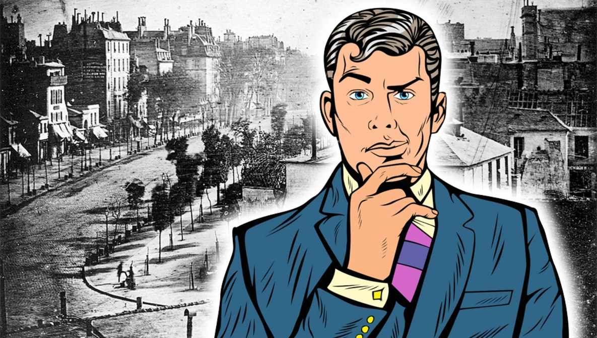 Illustration of a contemplative man in blue suit with hand to chin, overlaid on vintage cityscape photograph.