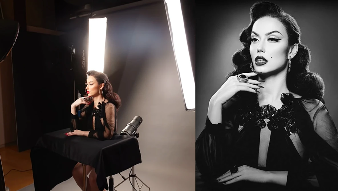 Behind-the-scenes studio portrait setup with subject positioned under bright panel lighting during professional photo shoot.