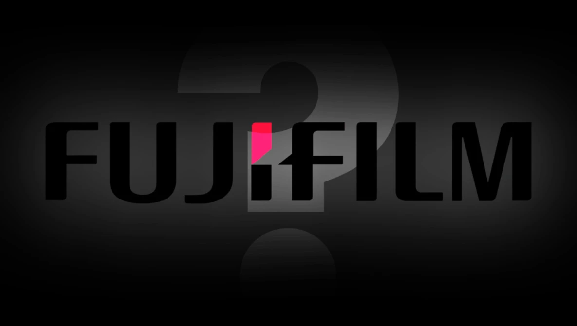 Fujifilm logo graphic with a bright pink accent block against dark typography and shadowed question mark shapes.
