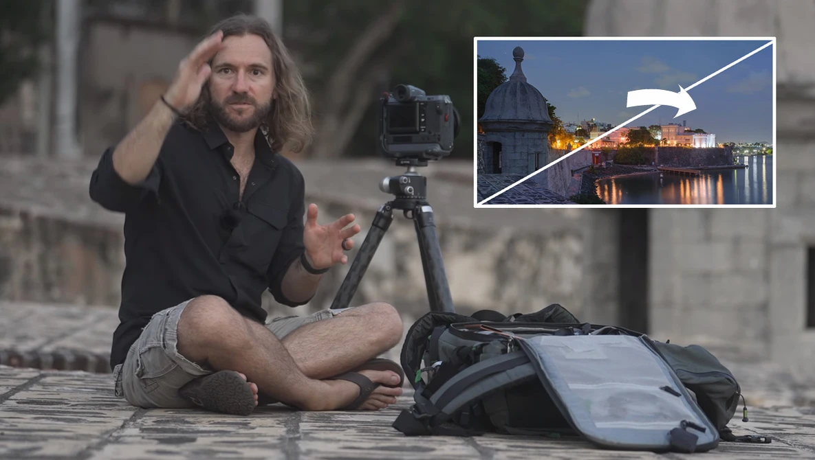 Filmmaker seated outdoors with camera on tripod, inset shows illuminated architectural scene with light beam effect.