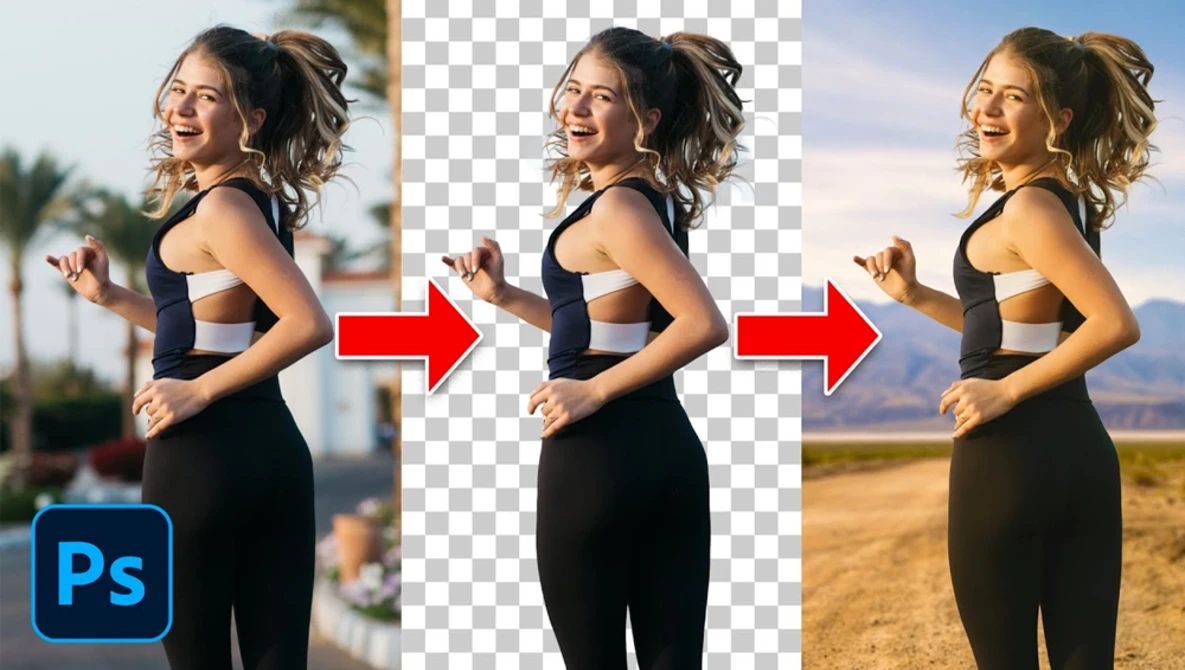 Screenshot demonstrating background removal and replacement workflow in Adobe Photoshop.