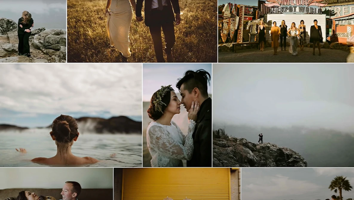 Collage of nine wedding and portrait photographs showcasing couples and group scenes in natural and urban settings.