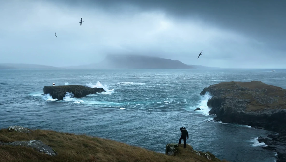 Solitary figure standing on coastal rocks overlooking turbulent ocean with rocky islands and distant landmass.