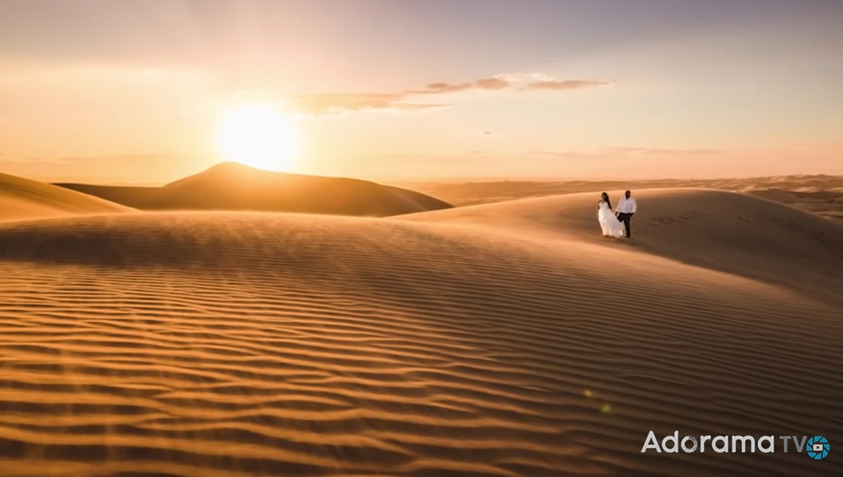 Couple in white clothing standing on a desert sand dune during golden hour sunset.
