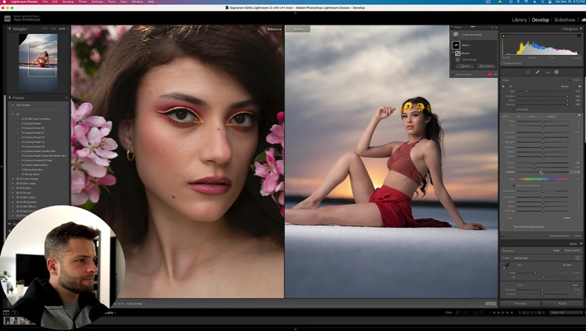Screenshot of photo editing software displaying portrait and outdoor fashion imagery with adjustment panels.