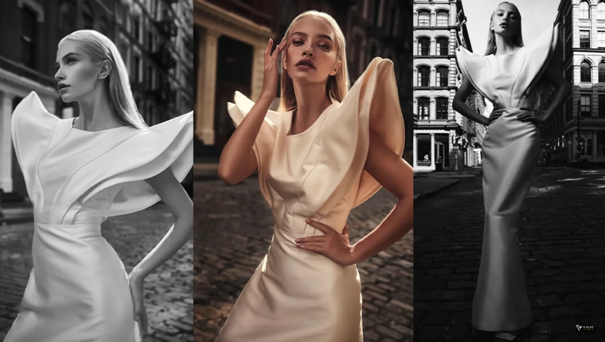 Three fashion portraits of a woman in draped white and cream garments photographed in urban settings.