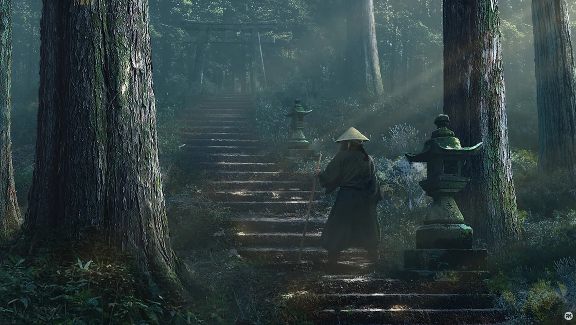 Two figures walking on stone steps through a misty forest of tall trees with dappled sunlight.