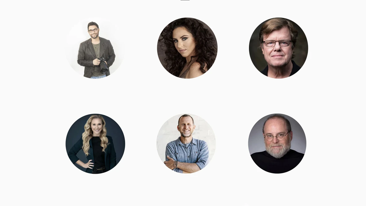 Six portrait photographs arranged in a grid showing people with varying lighting and background styles.