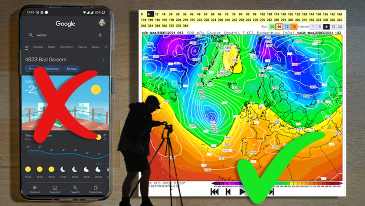 Silhouette of photographer with tripod and telephoto lens next to smartphone and weather map display.