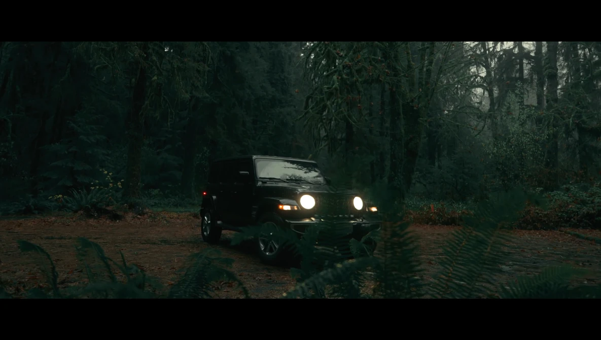 Black Jeep with headlights on driving through a dark forest at dusk or night.