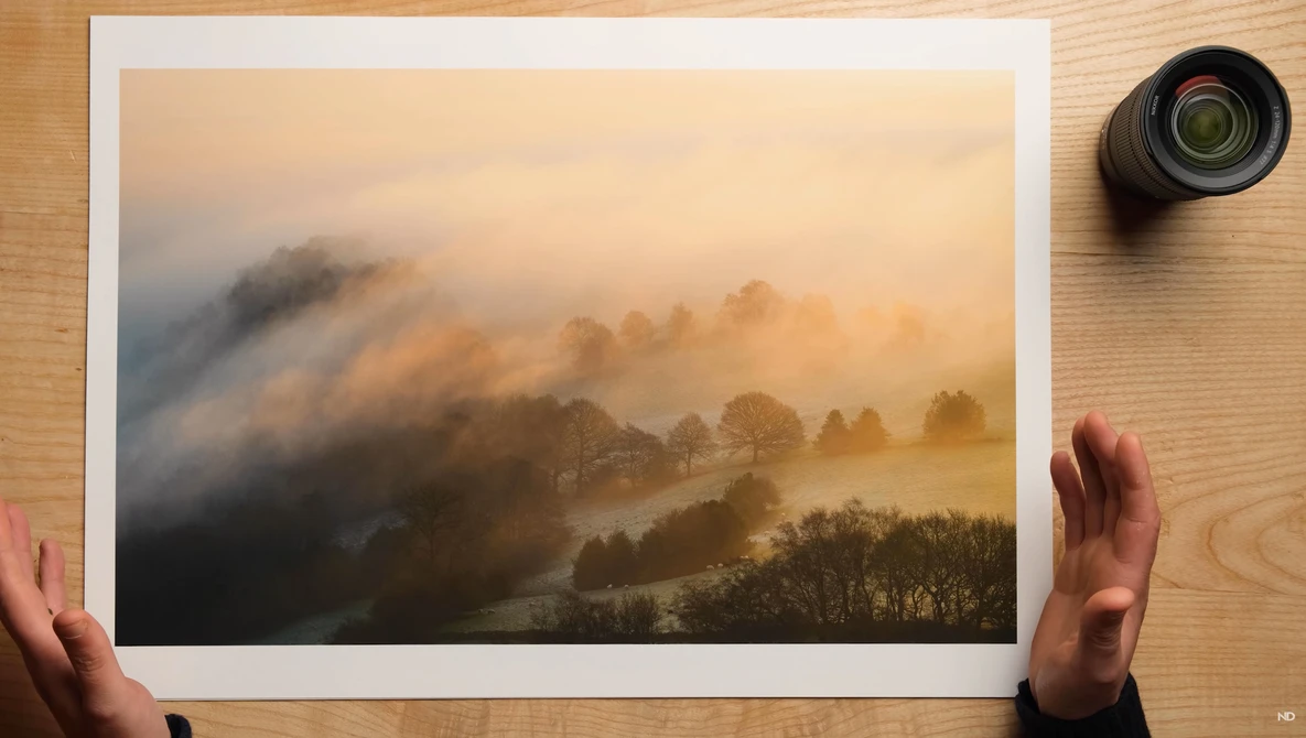 Misty landscape with forested hills bathed in golden morning light beneath overcast skies.