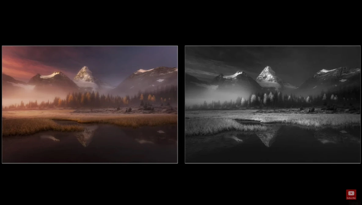 Side-by-side comparison of a mountain landscape in warm color and desaturated black and white.