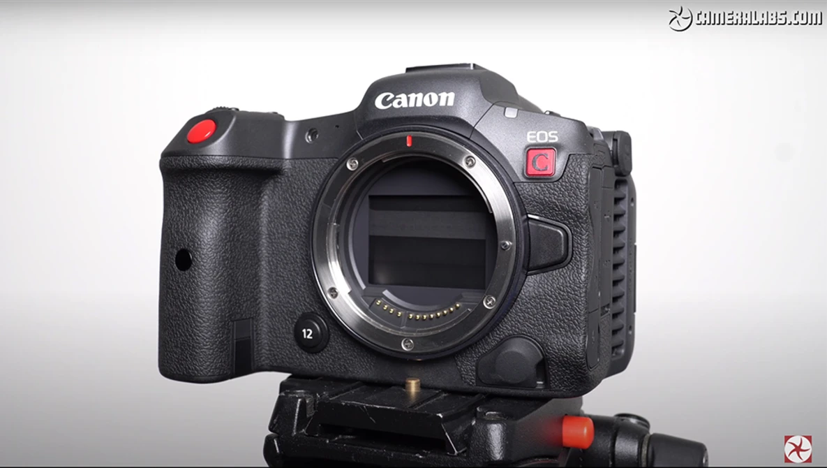 Canon EOS R5C cinema camera body mounted on a tripod head, viewed from the front-left angle against a white background.