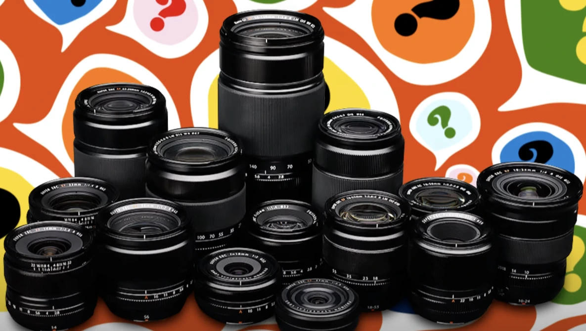 Collection of black camera lenses arranged in a pyramid formation against a colorful background with question marks and eyes.