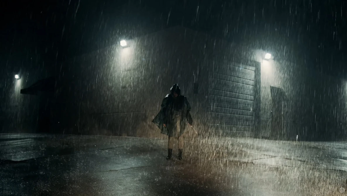 Solitary figure standing in heavy rain on a wet urban street under streetlights.