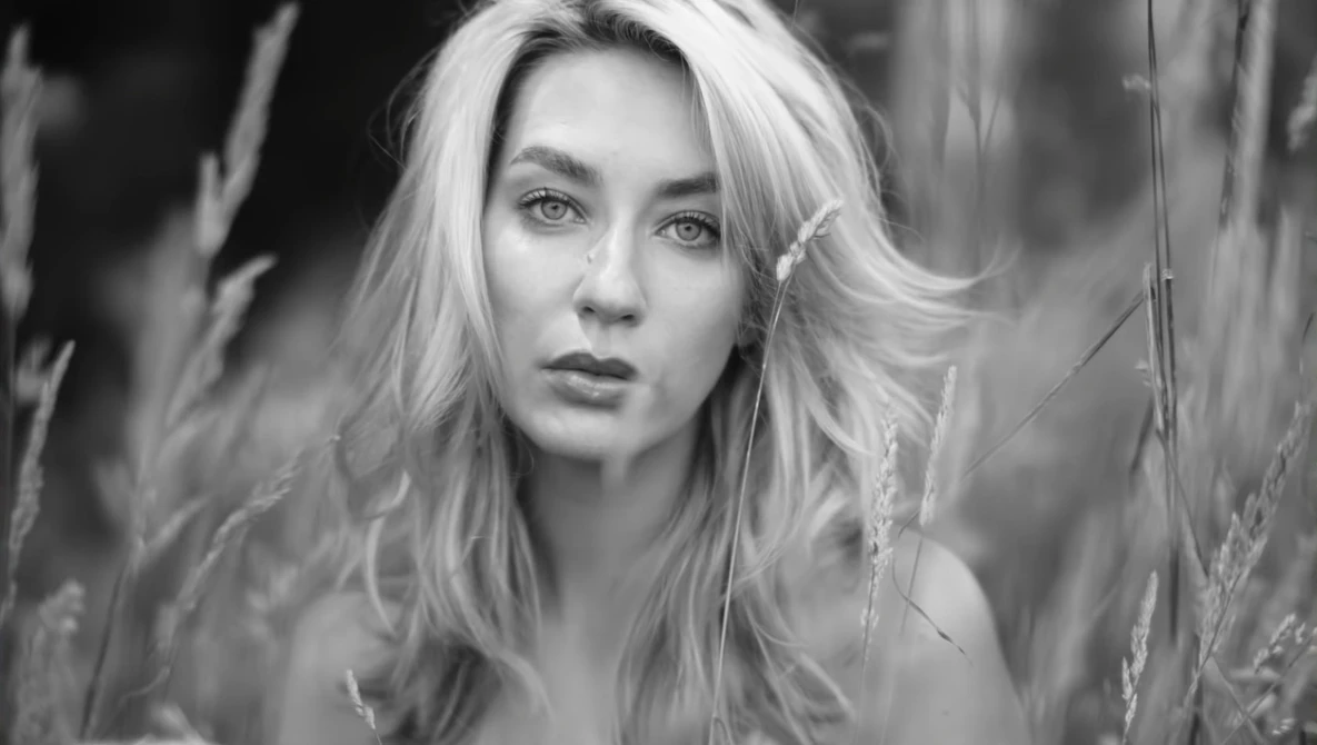 Woman with long blonde hair gazing toward camera amid tall grass in black and white.