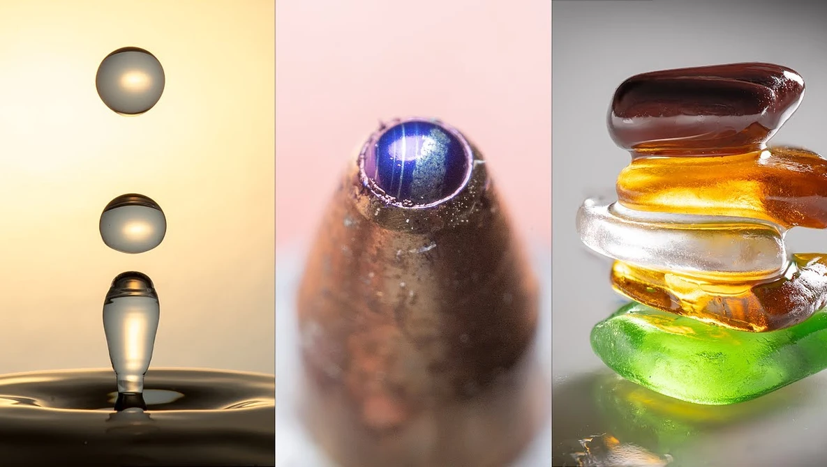 Three studio photography setups demonstrating liquid and light manipulation techniques with reflective spheres and gemstones.