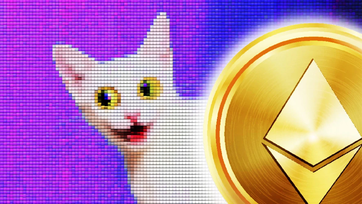 Pixel art illustration of a white cat with yellow eyes and red mouth on vibrant magenta and blue gradient background.