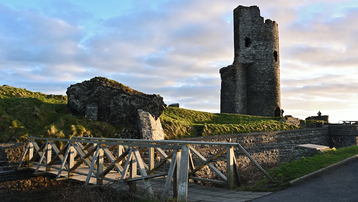 Medieval stone tower ruins on a grassy hillside with a wooden bridge in the foreground.