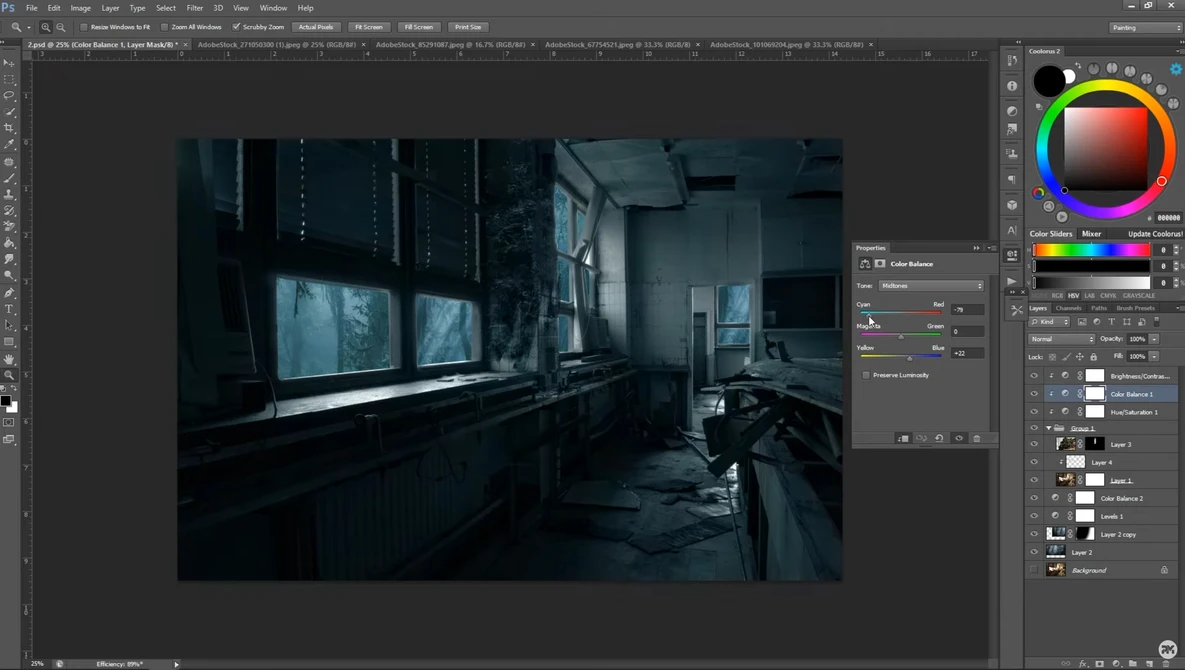Dark, moody interior room with large windows showing blue-tinted outdoor light and industrial architectural elements.