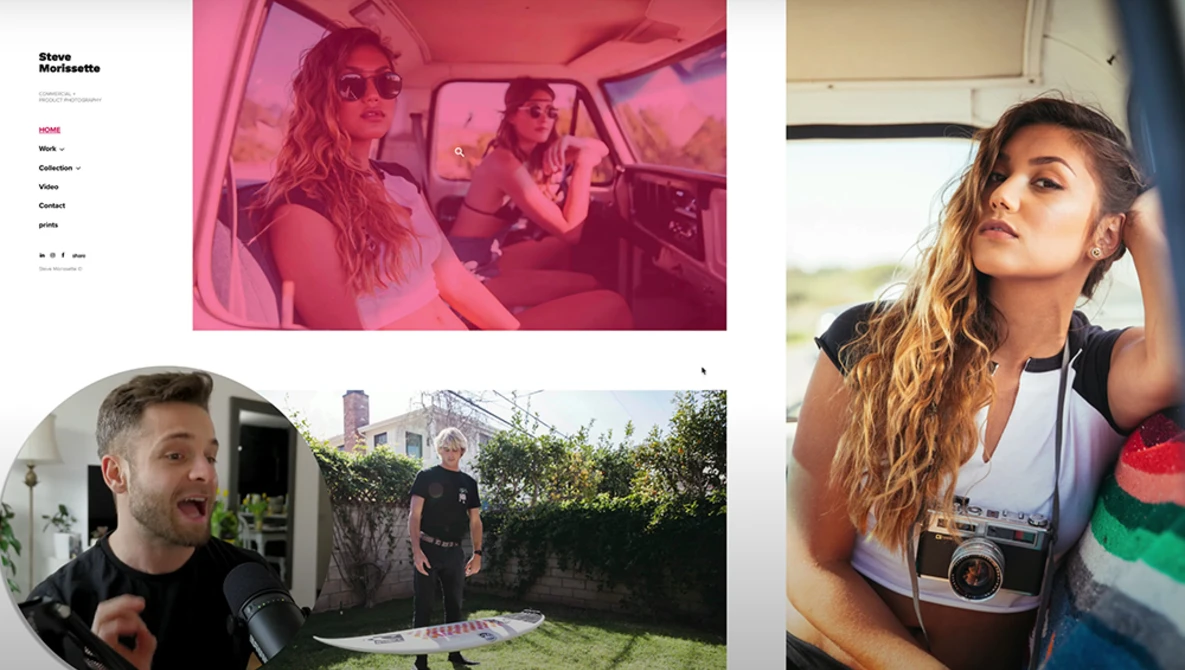 Website layout grid showing four photographs with pink and warm-toned color grading.