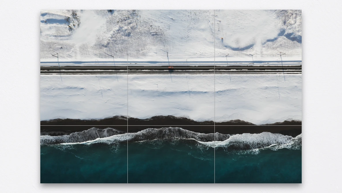 Aerial view of a coastline divided into six panels showing white sand, dark cliffs, and turquoise ocean with breaking waves.