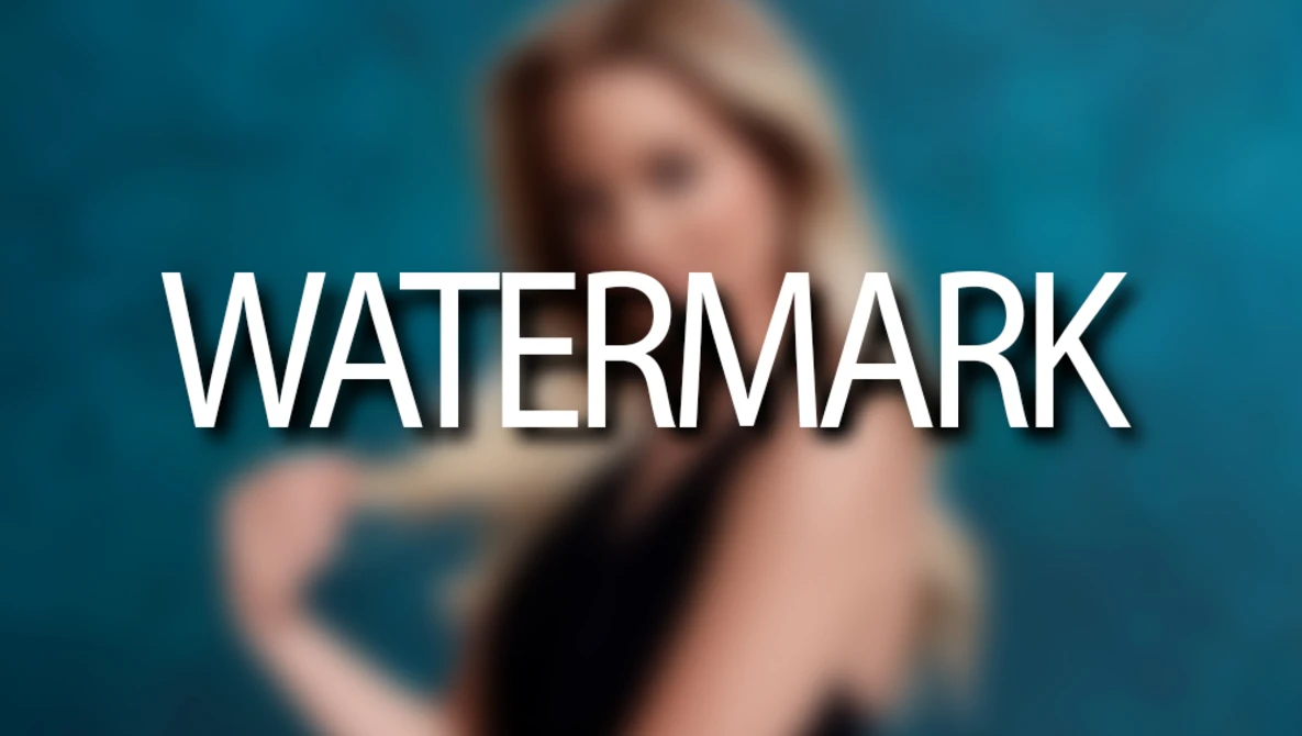 Woman in black sleeveless top against blue background with white 'WATERMARK' text overlay.